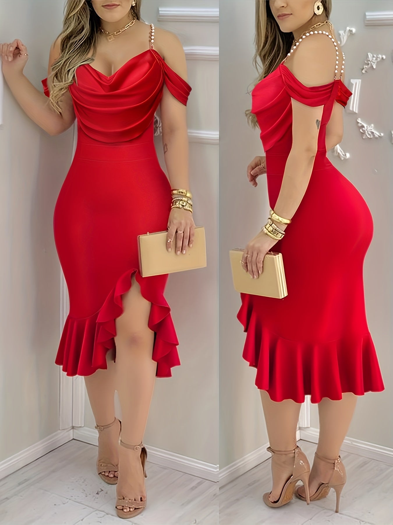 Shoulder Pearls Strap Bodycon Dress Cowl Neck Ruffle Hem Party Dresses